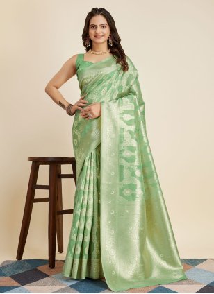 Sea Green Banarasi Silk Weaving Contemporary Saree