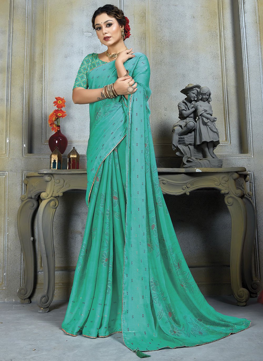 Mint Green Saree with Peach Blouse – Label Nitika