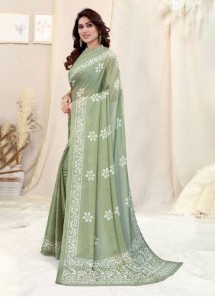 Sea Green Chiffon Printed Designer Sari