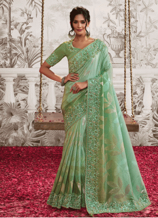Sea Green color Traditional Saree with Fancy Work work