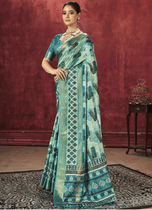 Sea Green color Traditional Saree with work