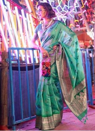 Sea Green Handloom Silk Weaving Contemporary Sari