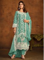 Sea Green Organza Embroidered Pant Style Suit