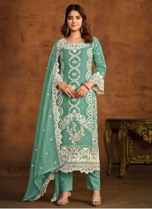 Sea Green Organza Embroidered Pant Style Suit