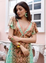 Sea Green Rayon Printed Trendy Gown