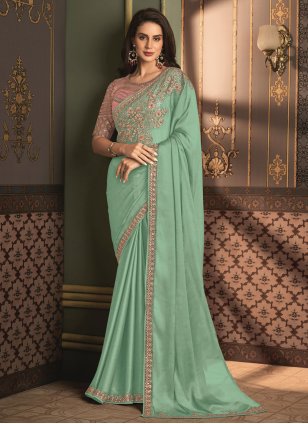 Sea Green Silk Border Trendy Sari