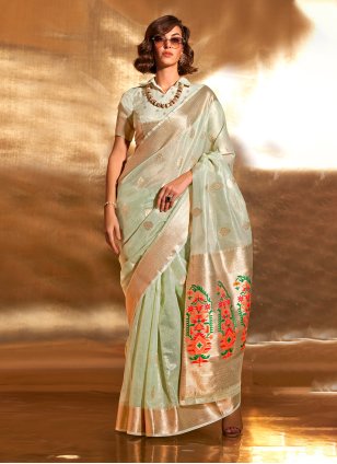 Sea Green Tissue Woven Designer Sari