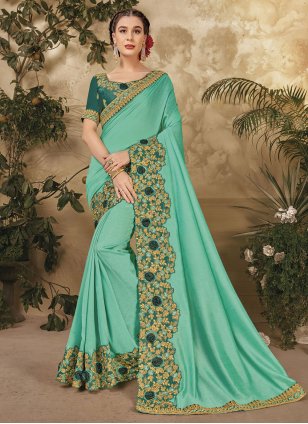 Sea Green Vichitra Silk Embroidered Trendy Sari