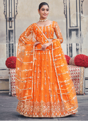 Sequins Net Lehenga Choli in Orange