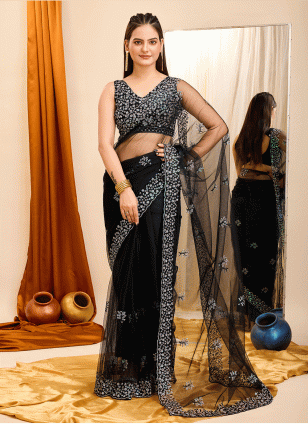 Sequins work Black color Net fabric Sequins Traditional Saree