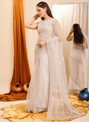Sequins work Cream color Net fabric Sequins Traditional Saree
