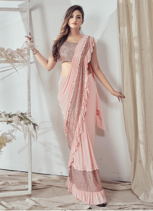 Sequins work Peach color Lycra fabric Sequins Traditional Saree