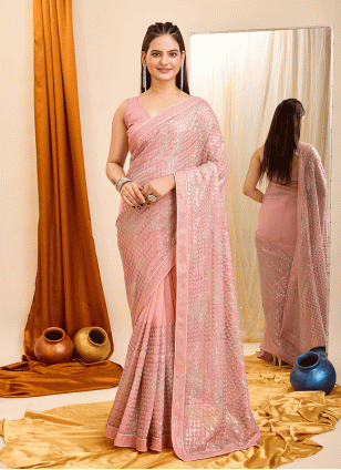 Sequins work Pink color Georgette fabric Sequins Traditional Saree