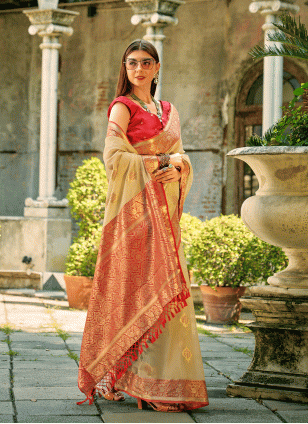 Silk Cream and Red Weaving work Traditional Saree