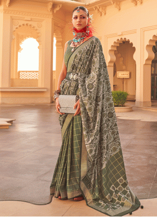 Silk Green Printed work Traditional Saree