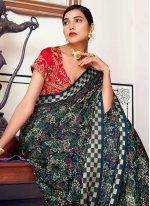 Teal Brasso Foil Print Printed Sari
