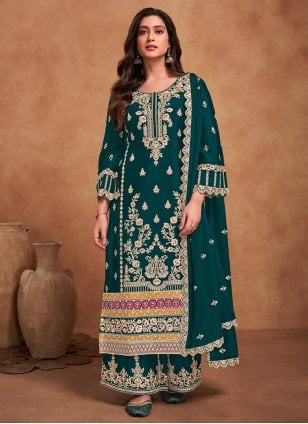 Teal Chinon Embroidered Palazzo Salwar Suit