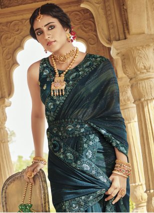 Teal Fancy Fabric Embroidered Classic Saree