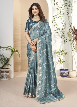 Teal Fancy Fabric Embroidered Traditional Saree