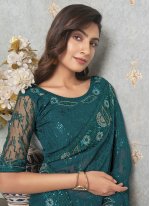 Teal Georgette Embroidered Contemporary Sari