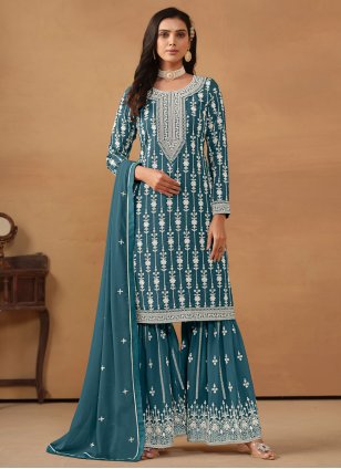 Teal Georgette Embroidered Palazzo Salwar Suit