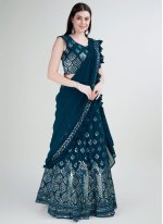 Teal Georgette Embroidered Trendy Sari