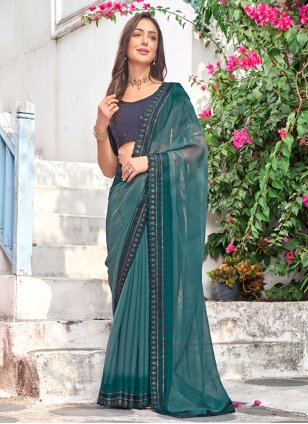 Teal Shimmer Embroidered Classic Sari