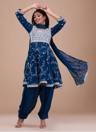 Teal Vichitra Silk Embroidered Trendy Salwar Kameez