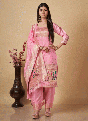 Thrilling Pink Weaving work Salwar suit
