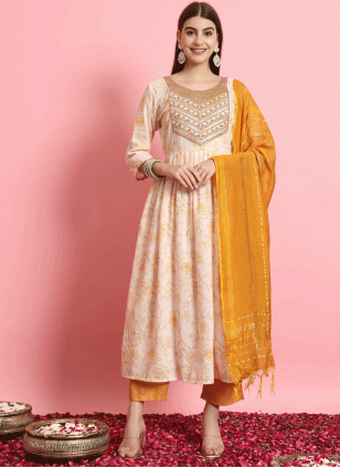 Transcendent Cream and Yellow Printed work Readymade Salwar Suits