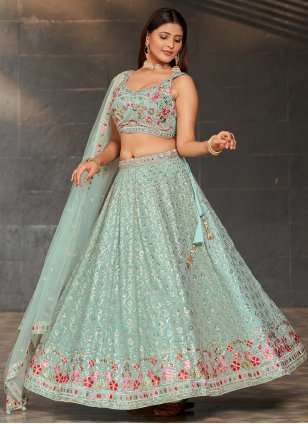 Turquoise Georgette Embroidered A - Line Lehenga