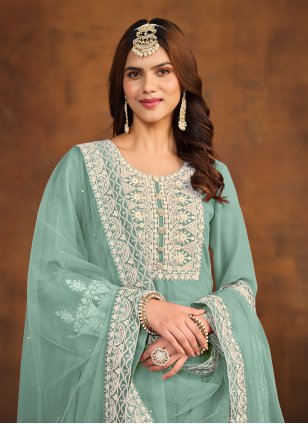 Turquoise Georgette Embroidered Salwar suit