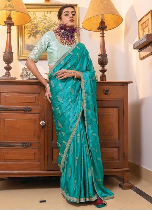 Turquoise Satin Embroidered Traditional Saree