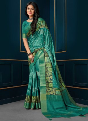 Turquoise Silk Digital Print Trendy Saree
