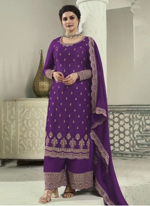 Violet Georgette Embroidered Trendy Salwar Suits