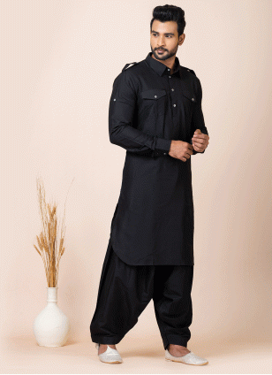 Viscose Pathani Suit in Black for Men