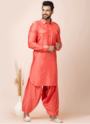 Viscose Pathani Suit in Orange for Men