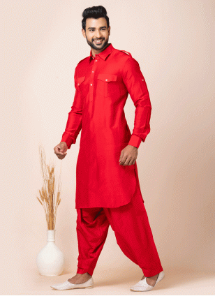 Viscose Pathani Suit in Red for Men