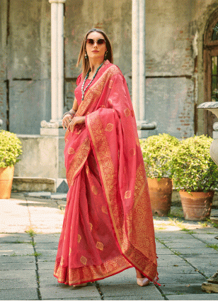 Weaving work Peach and Pink color Silk fabric Weaving Traditional Saree