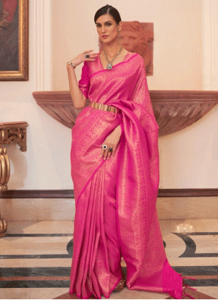 Weaving work Pink color Silk fabric Weaving Traditional Saree