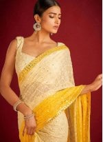 White and Yellow Georgette Embroidered Classic Saree