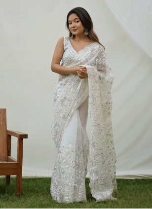 White color Art Silk Traditional Saree with work