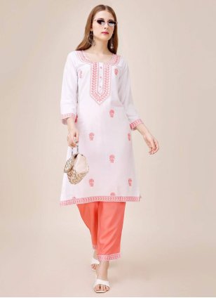 White Cotton  Embroidered Party Wear Kurti