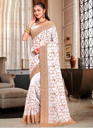 White Georgette Cord Work Classic Sari