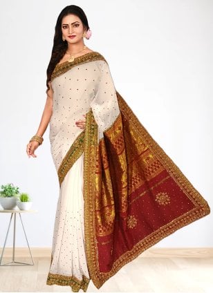 White Georgette Embroidered Classic Saree