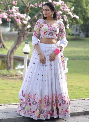 Buy Yellow Crush Lehenga And A Crop Top In Moti Embroidery, Crop