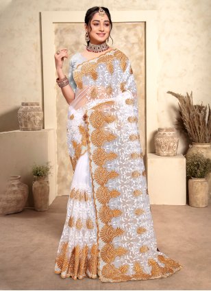 White Net Embroidered Contemporary Sari