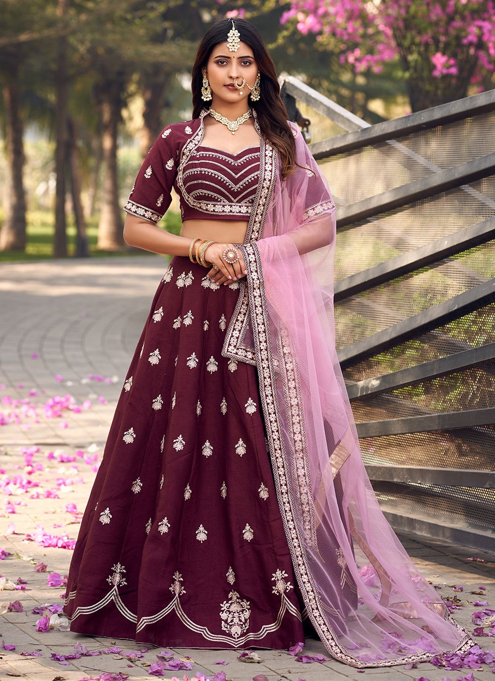 Buy Women Wine Thread Embroidered Lehenga Set With Blouse And Contrast  Dupatta - Ready To Wear Lehengas - Indya
