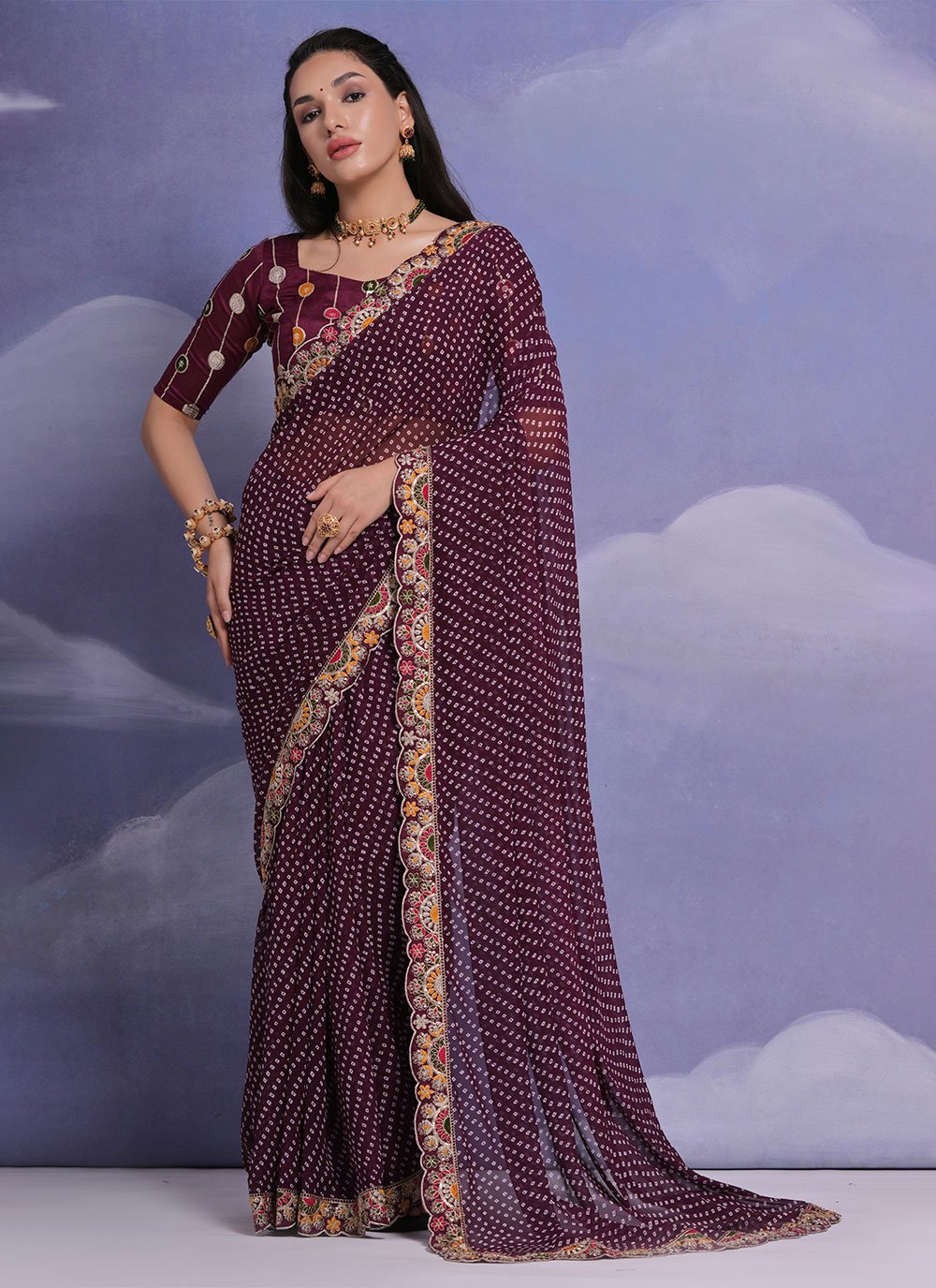 Rama Blue Checks Stone and Pearl Work Saree in Georgette