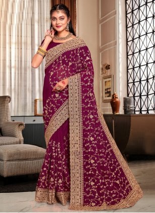 Wine Red Georgette Embroidered Saree|SARV148607